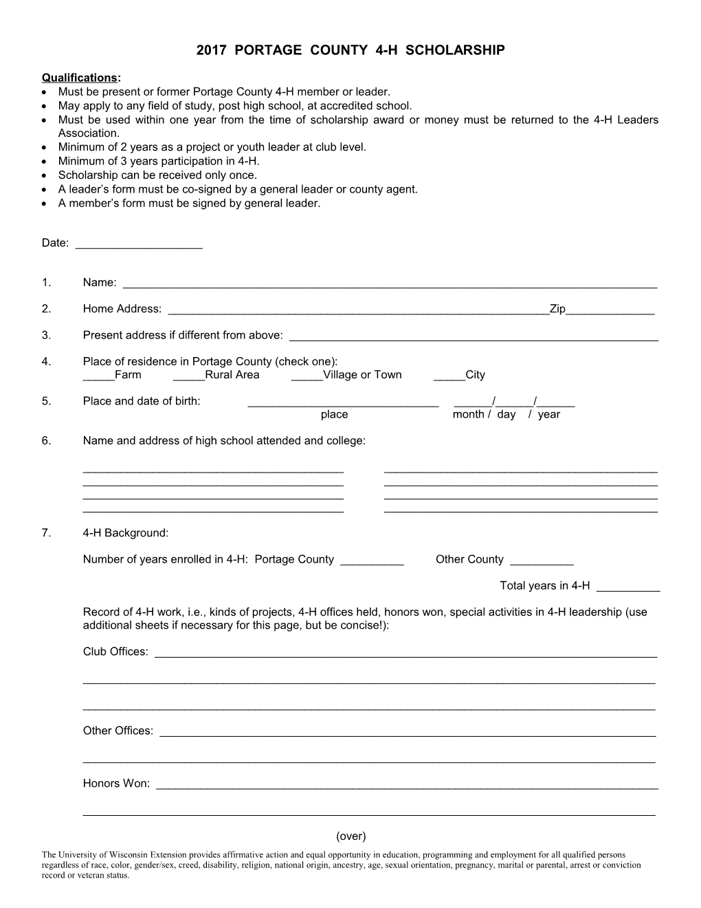 Portage County 4-H Scholarship Form