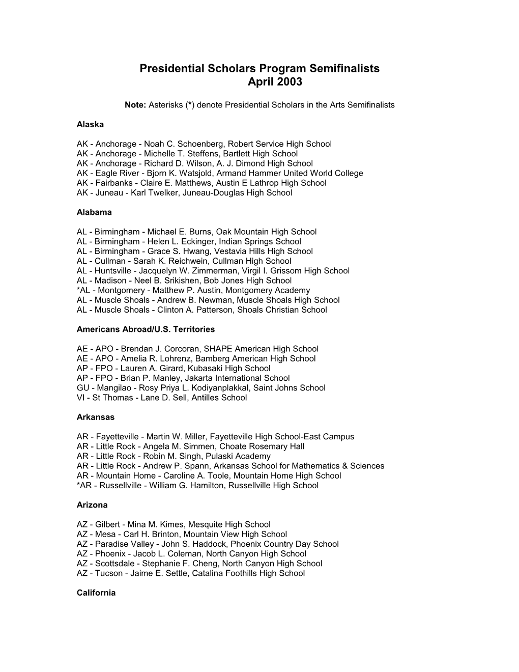 Presidential Scholars Program Semifinalists, April 2003 (Msword)