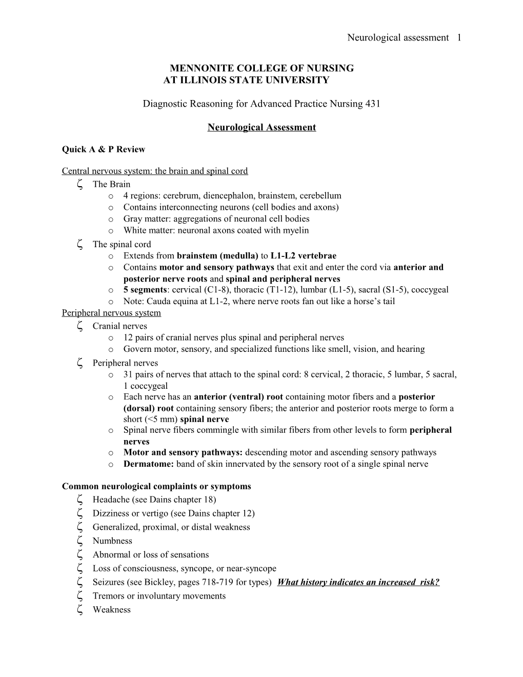 Neuro/Musculoskeletal Assessment