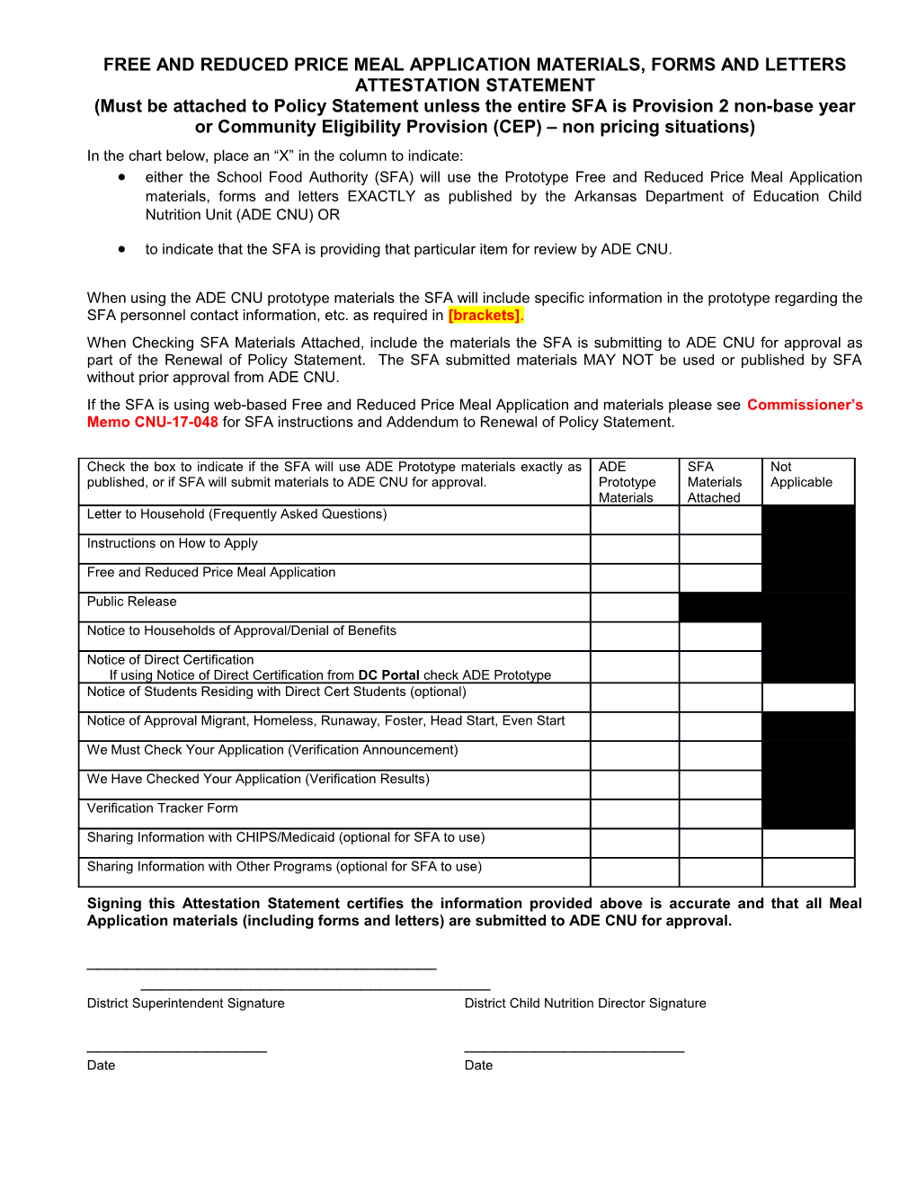 Free and Reduced Price Meal Application Materials, Forms and Letters Attestation Statement