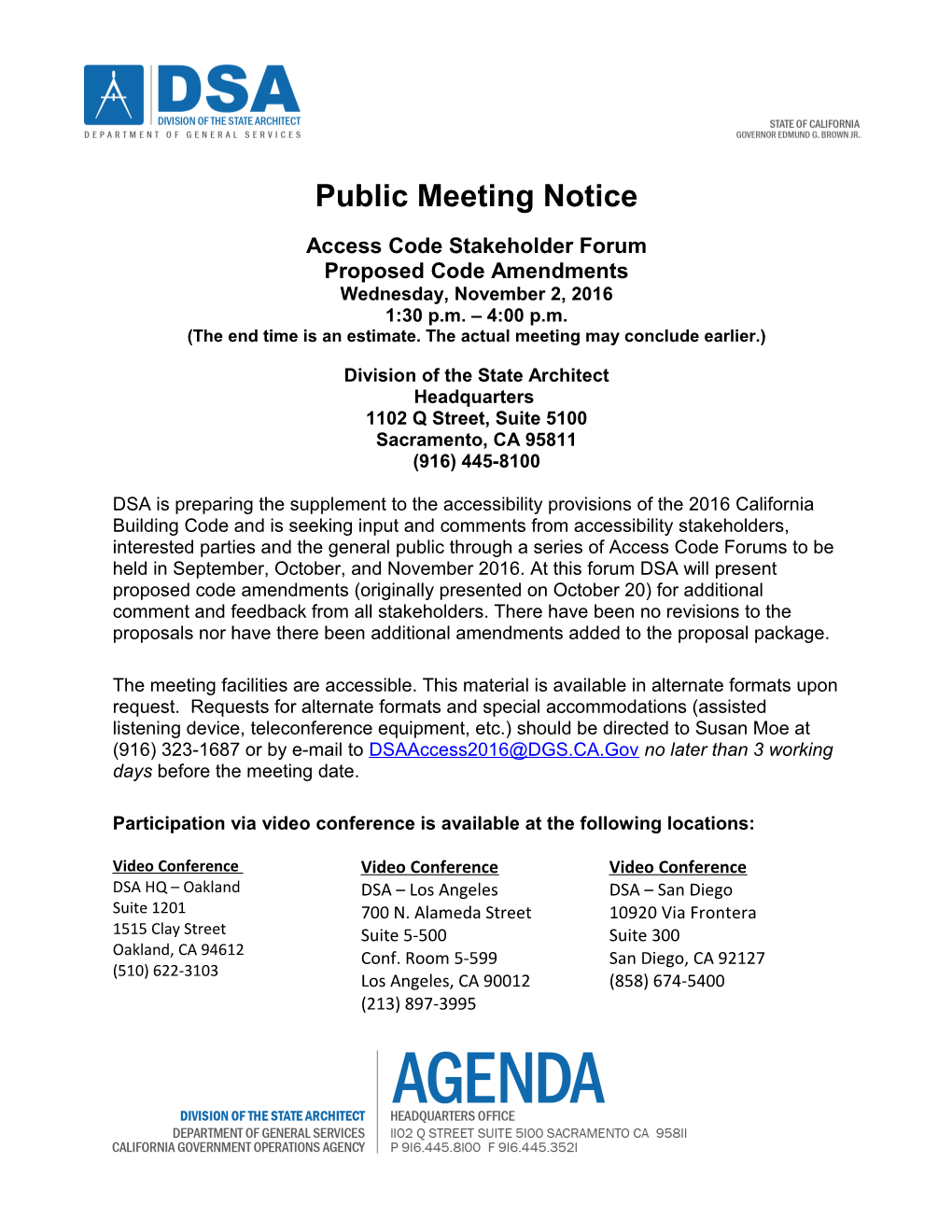 Public Meeting Notice: Access Code Update Stakeholder Forum, November 2, 2016