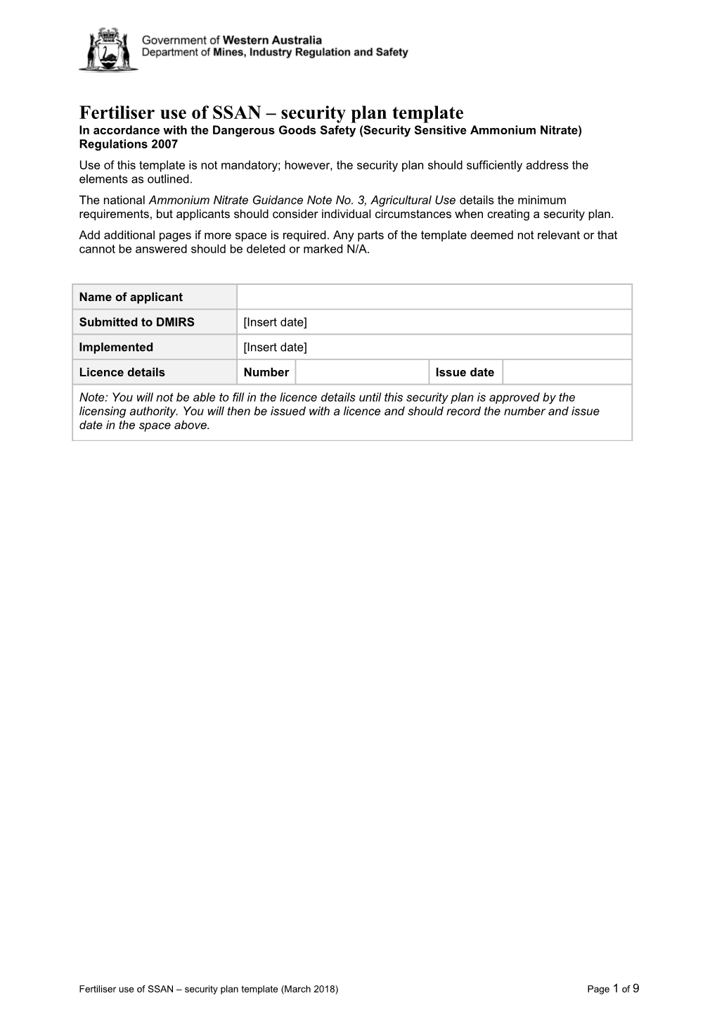 Template - Fertiliser Use of SSAN - Security Plan Template