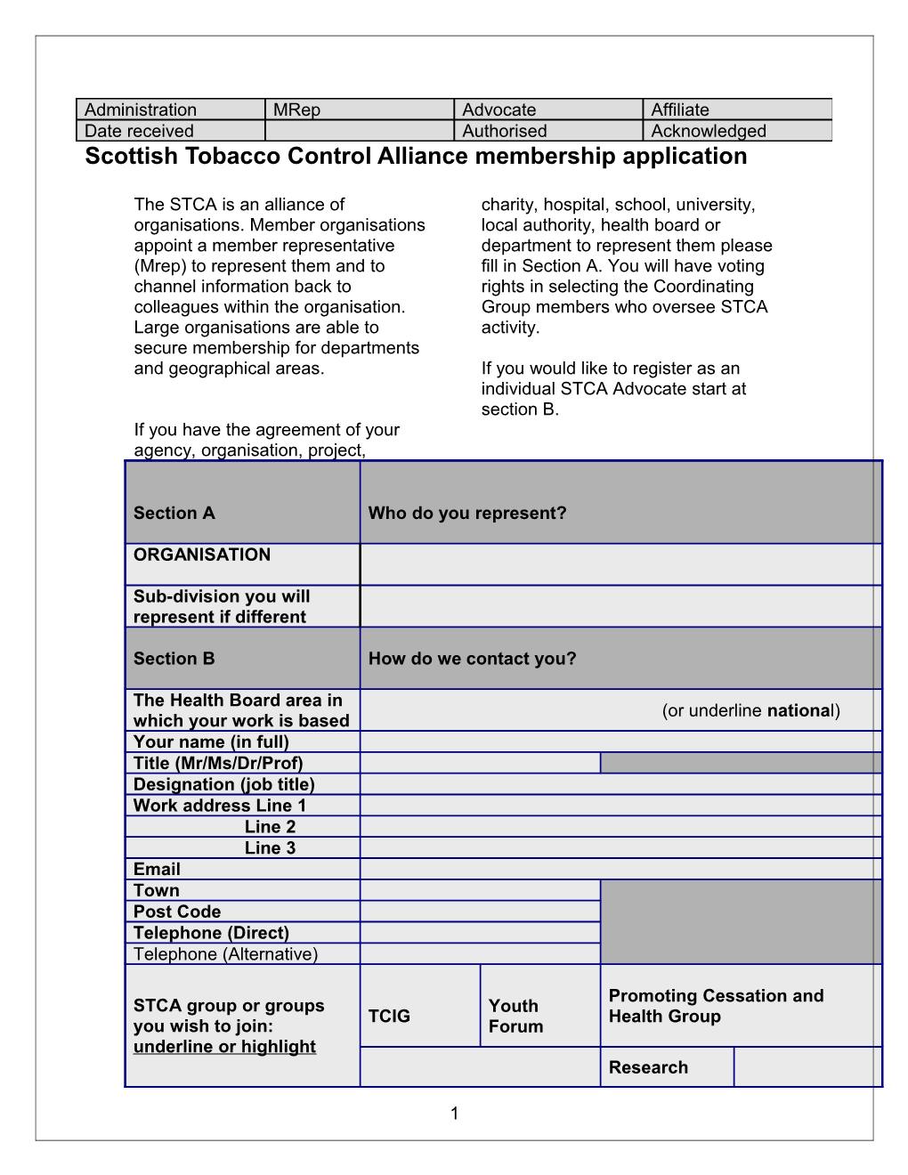 Scottish Tobacco Control Alliance Membership Application