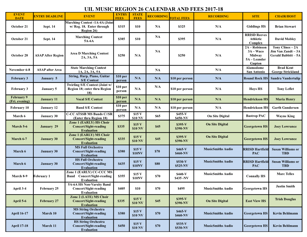 Uil Music Region 26 Calendar and Fees 2017-18