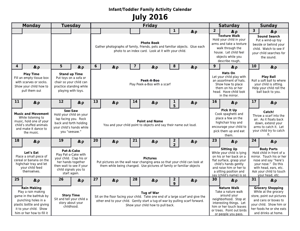 Infant/Toddler Family Activity Calendar