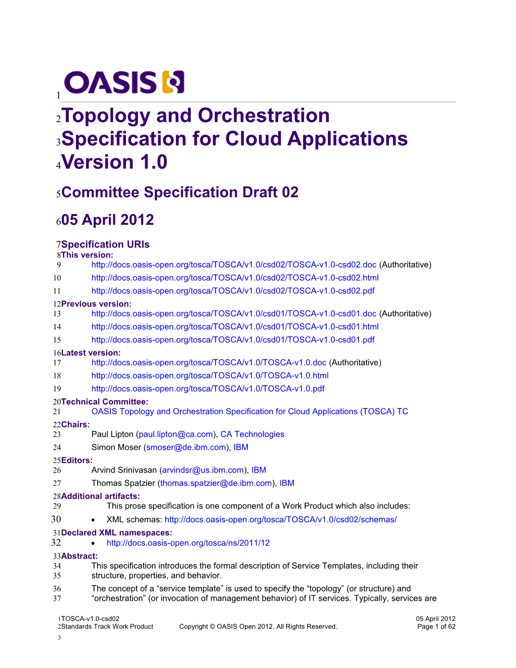 Topology and Orchestration Specification for Cloud Applications Version 1.0