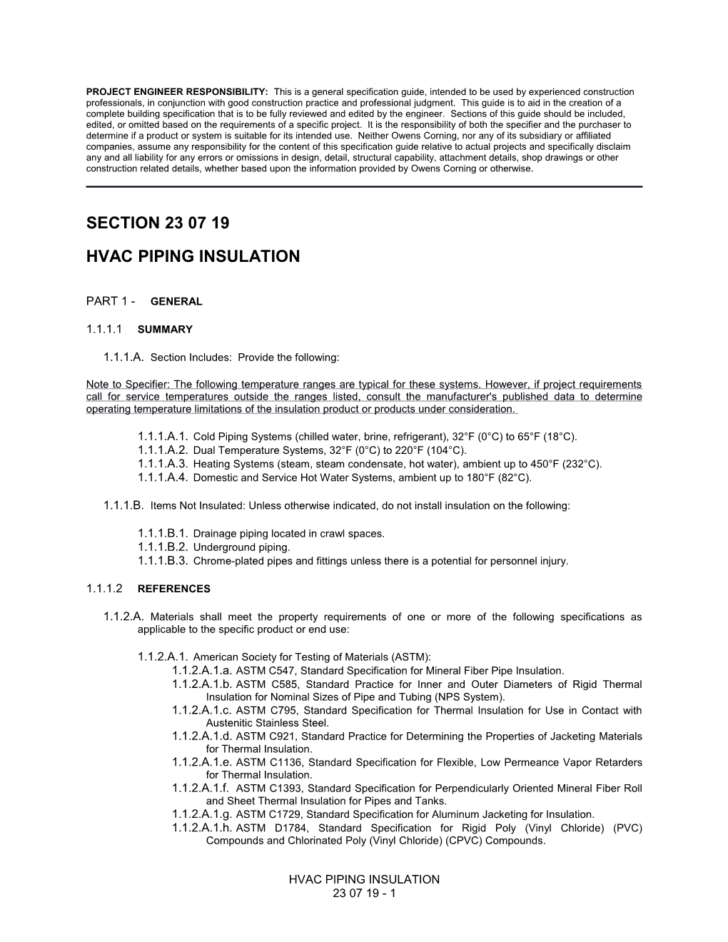 23 07 19 - HVAC Piping Insulation - Fiberglas Insulation