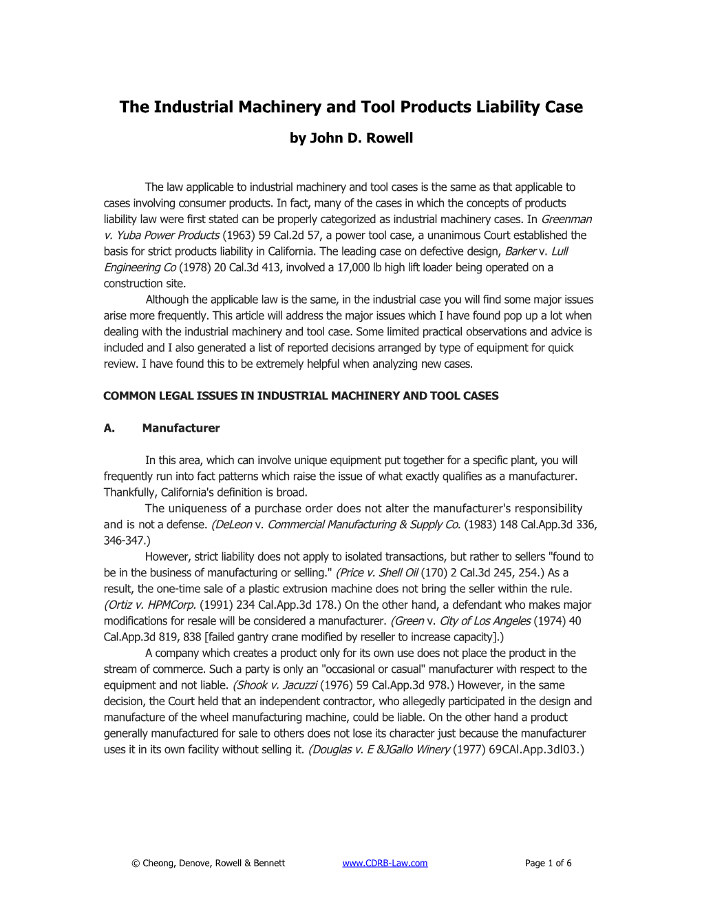 The Industrial Machinery and Tool Products Liability Case