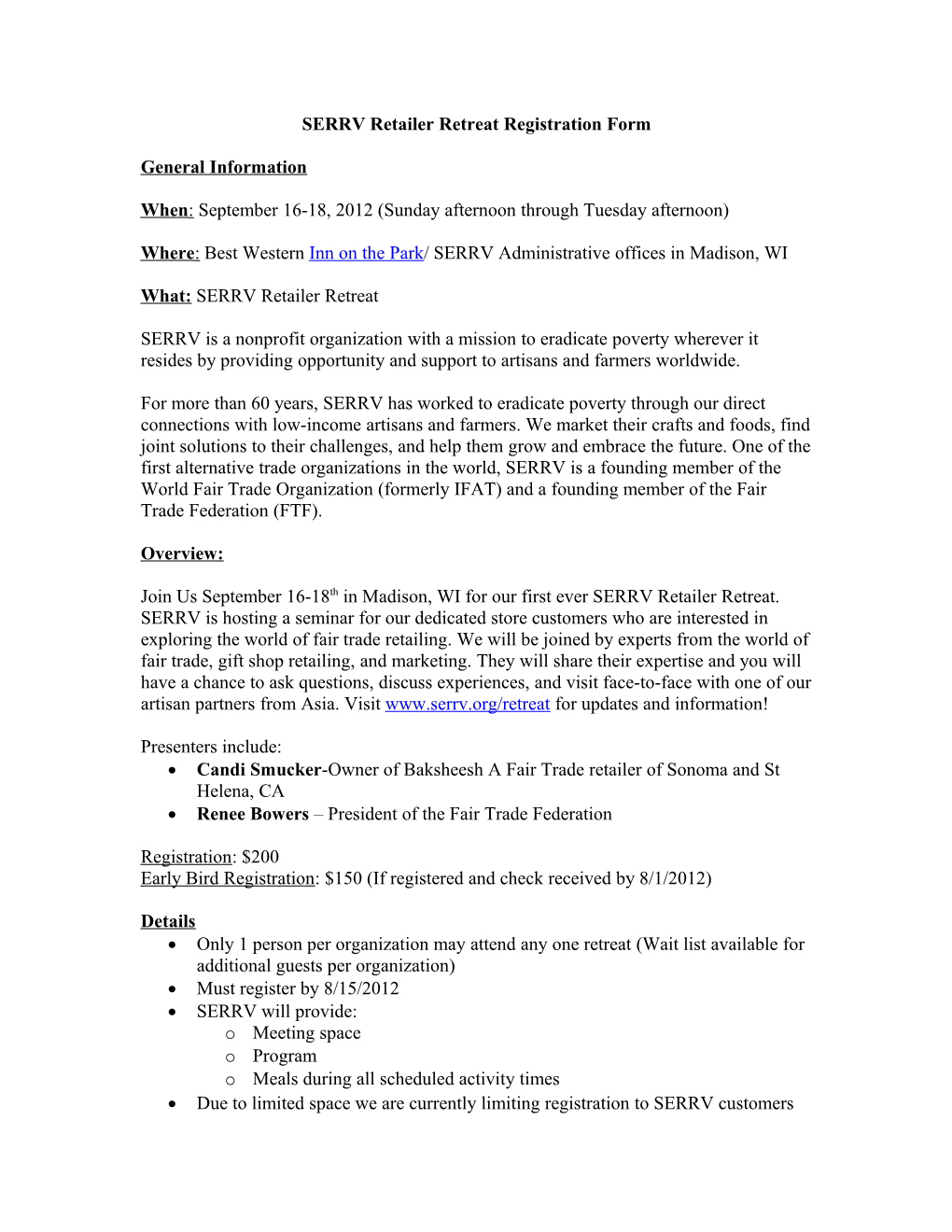 SERRV Retailer Retreat Application Form