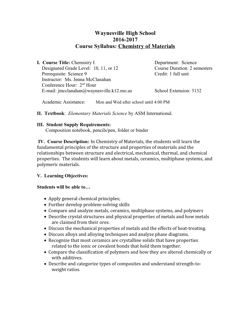 Course Syllabus: Chemistry of Materials