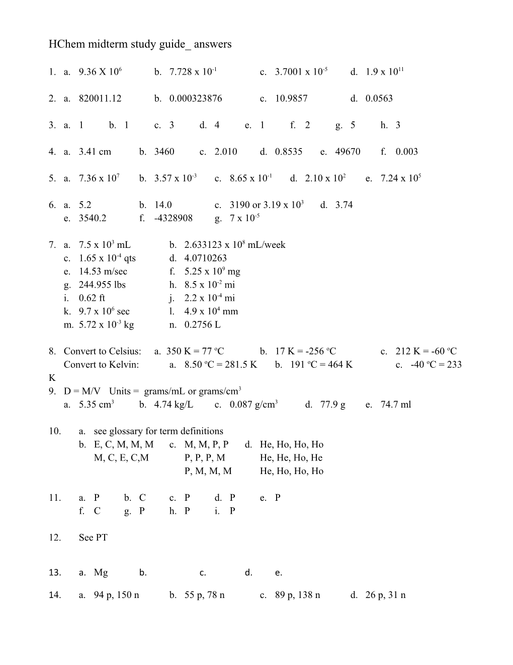 Hchem Midterm Study Guide Answers