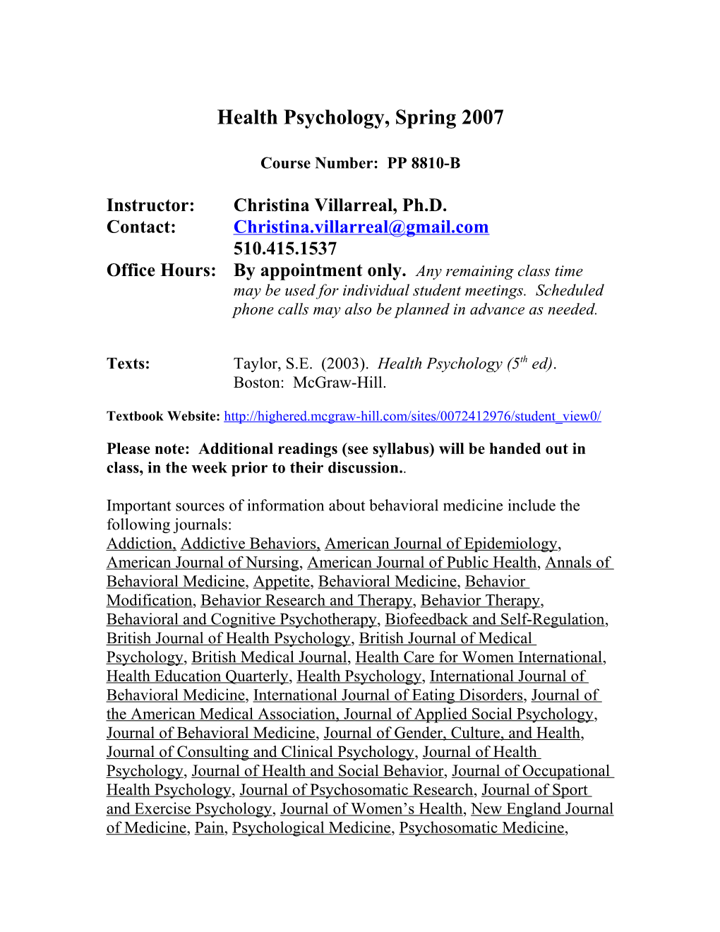 Health Psychology, Spring 2007