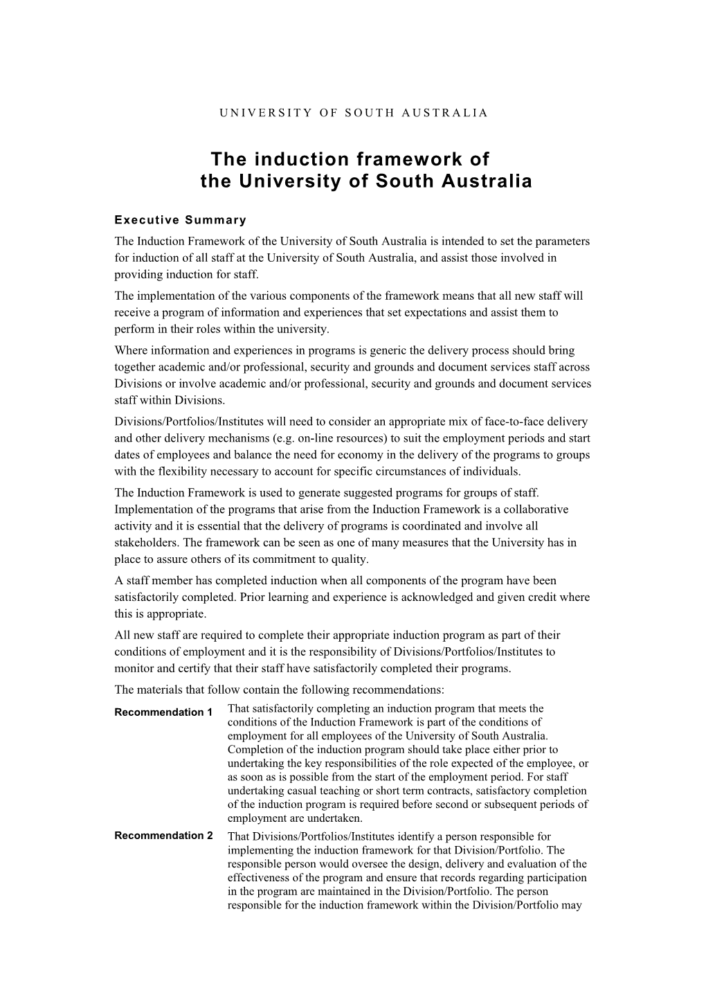 The Induction Framework of the University of South Australia