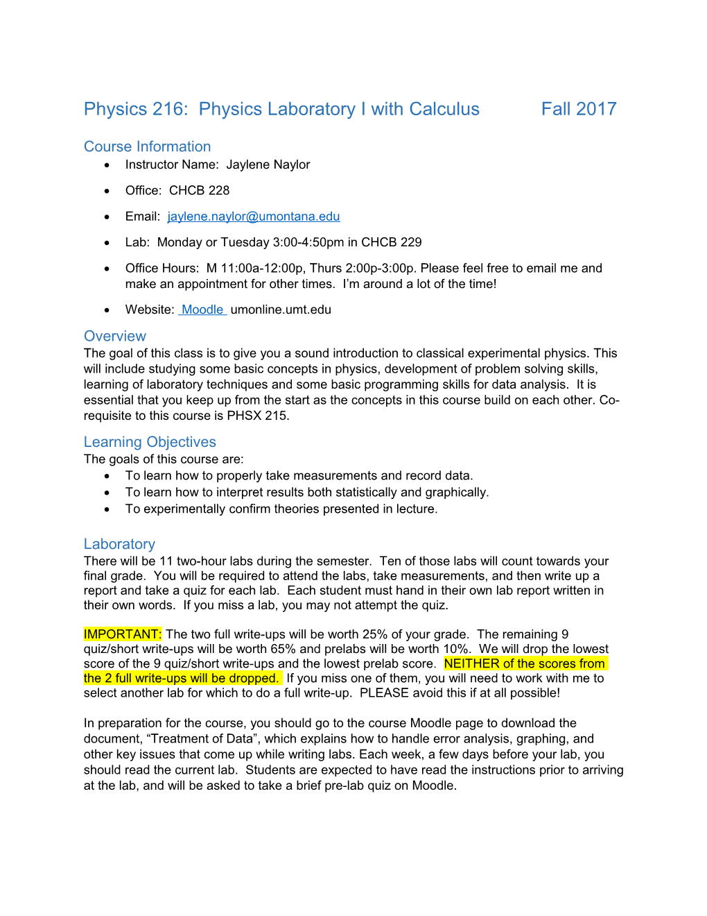 Physics 216: Physics Laboratory I with Calculusfall 2017