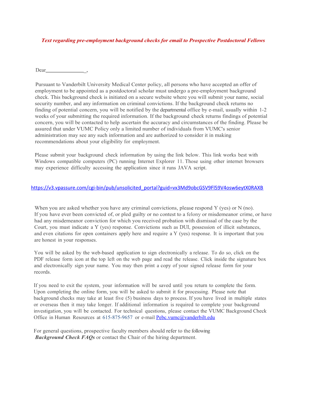 Text Regarding Pre-Employment Background Checks for Email to Prospective Postdoctoral Fellows