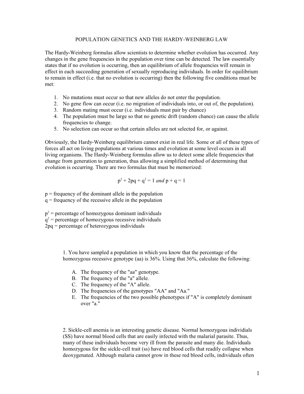 Population Genetics and the Hardy-Weinberg Law