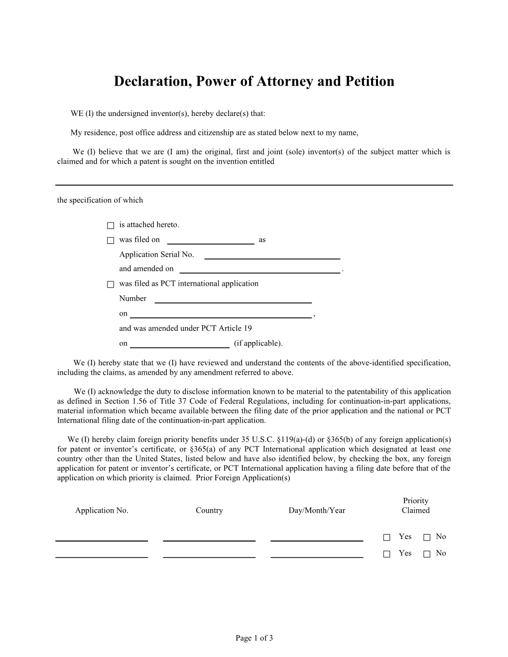 Declaration, Power of Attorney and Petition