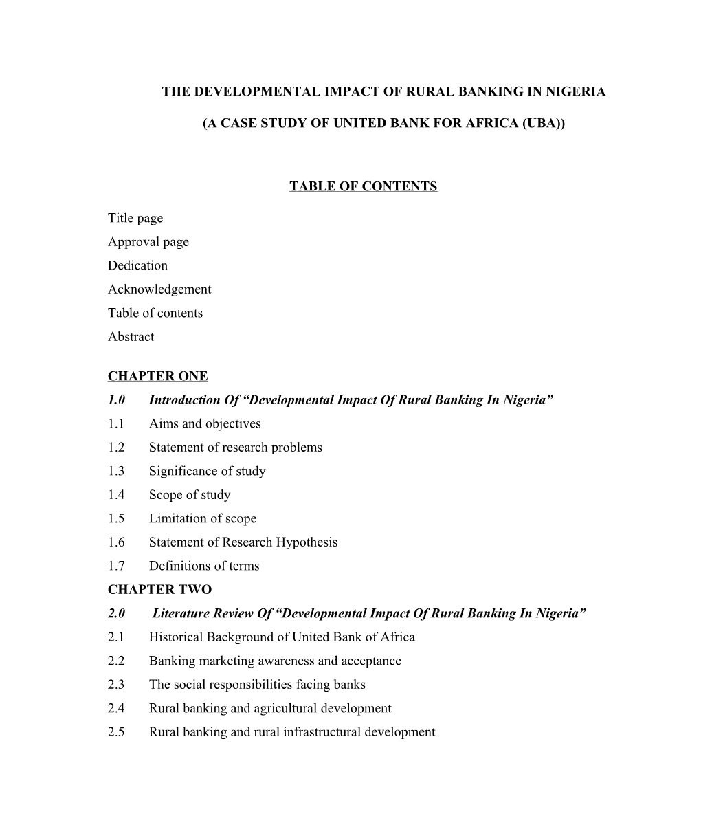 The Developmental Impact of Rural Banking in Nigeria (A Case Study of United Bank for Africa