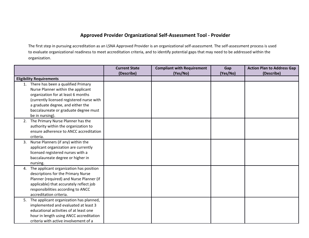 Approved Provider Organizational Self-Assessment Tool - Provider