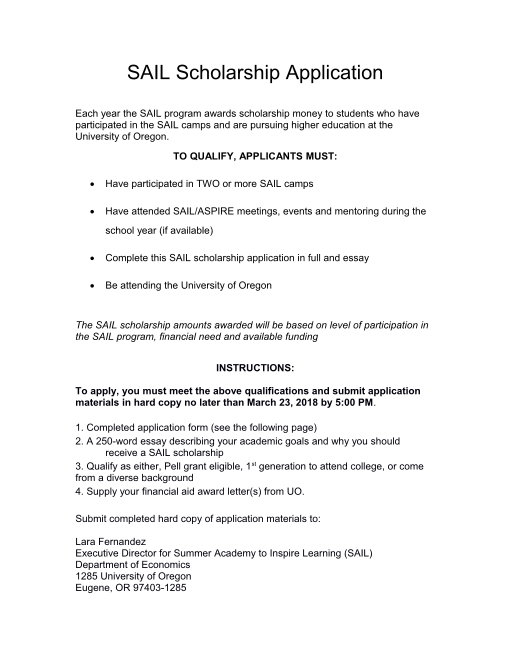 SAIL Scholarship Application