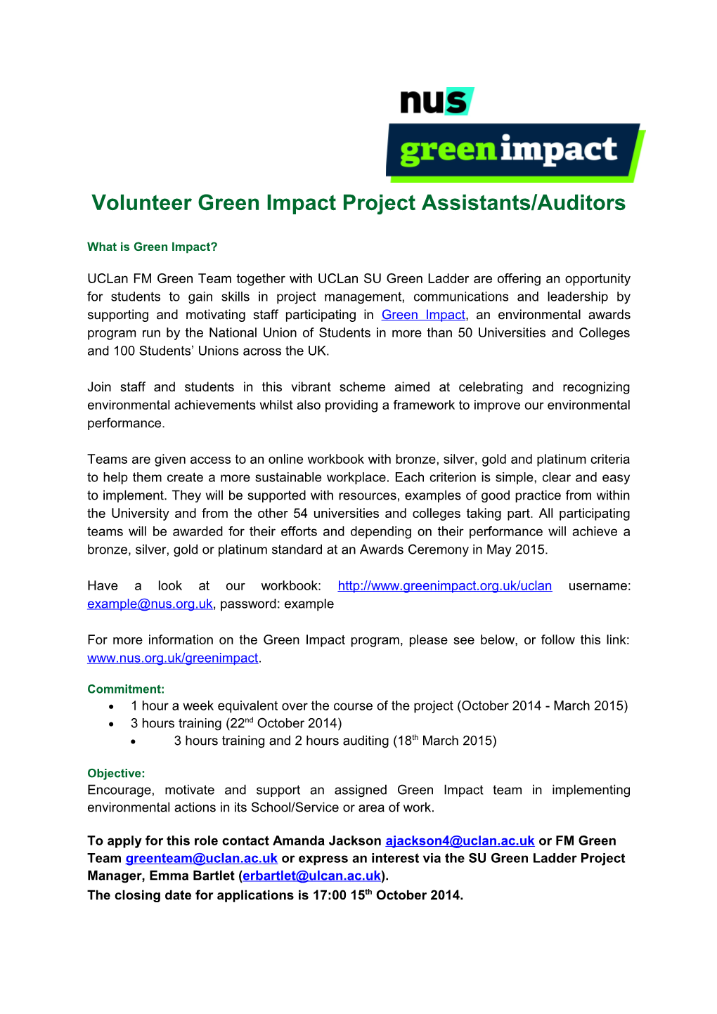 Volunteer Green Impact Project Assistants/Auditors