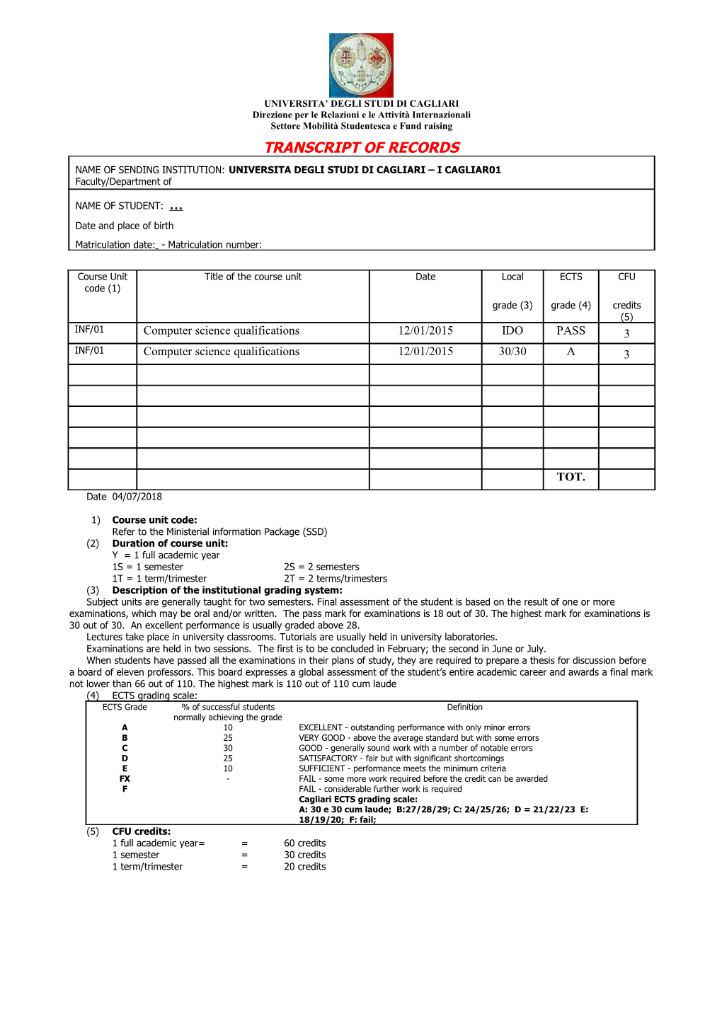 Certificate of Attendance Certificato Di Periodo Erasmus