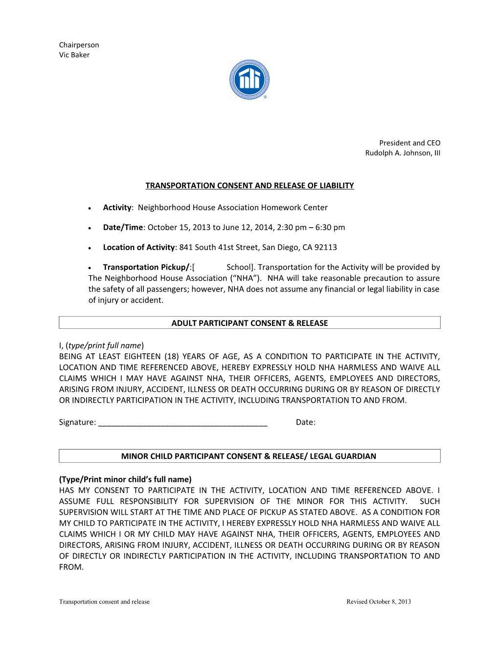 Transportation Consent and Release of Liability