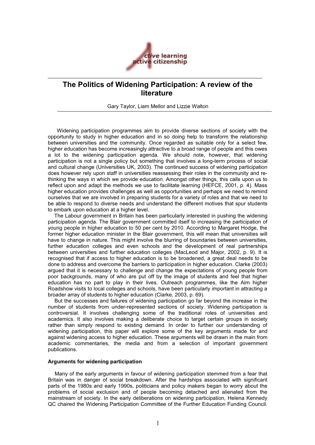 The Politics of Widening Participation
