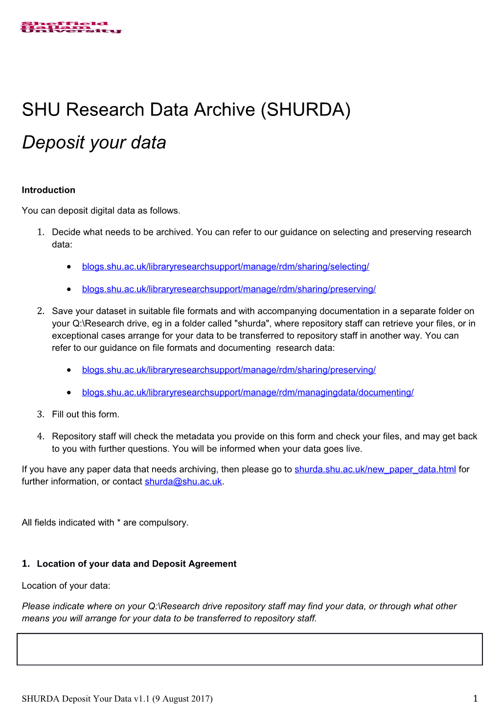 SHU Research Data Archive Deposit Your Data