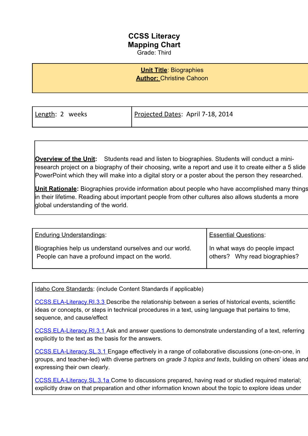 CCSS Literacy Mapping Chart