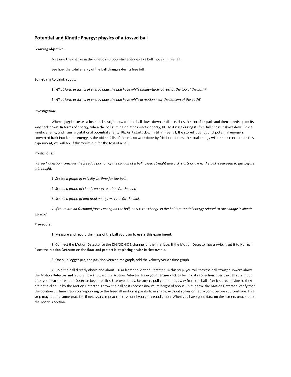 Potential and Kinetic Energy: Physics of a Tossed Ball