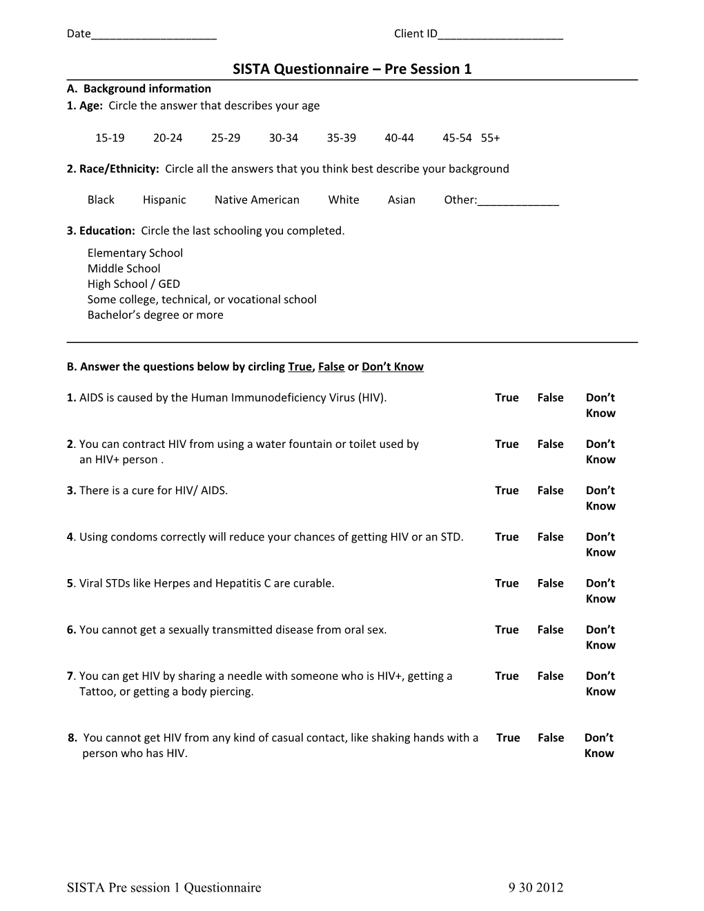 SISTA Questionnaire Pre Session 1