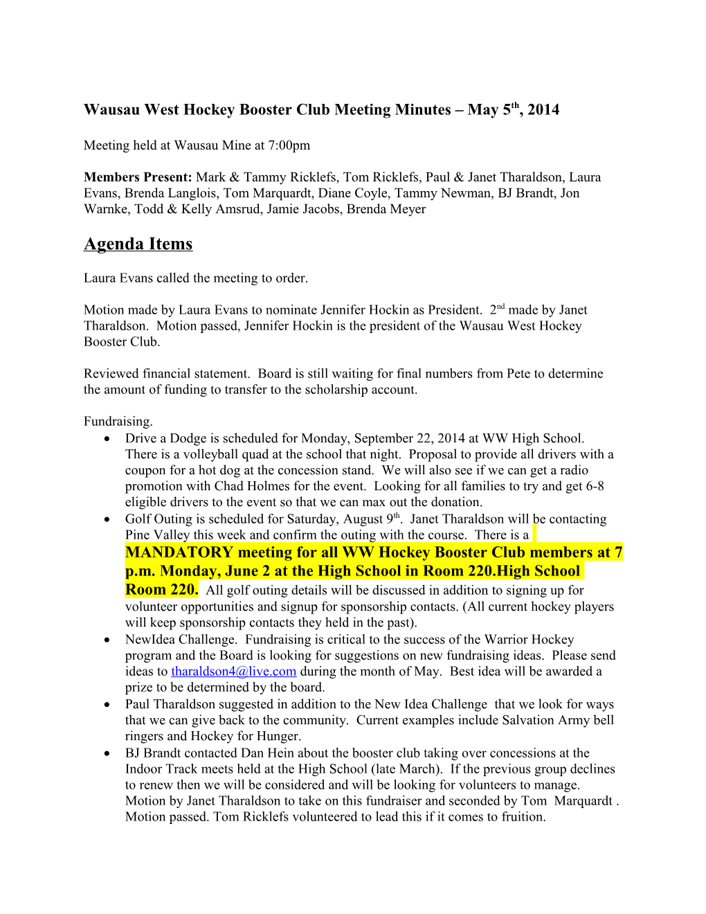 Wausau West Hockey Booster Club Meeting Minutes Oct 3Rd 2011