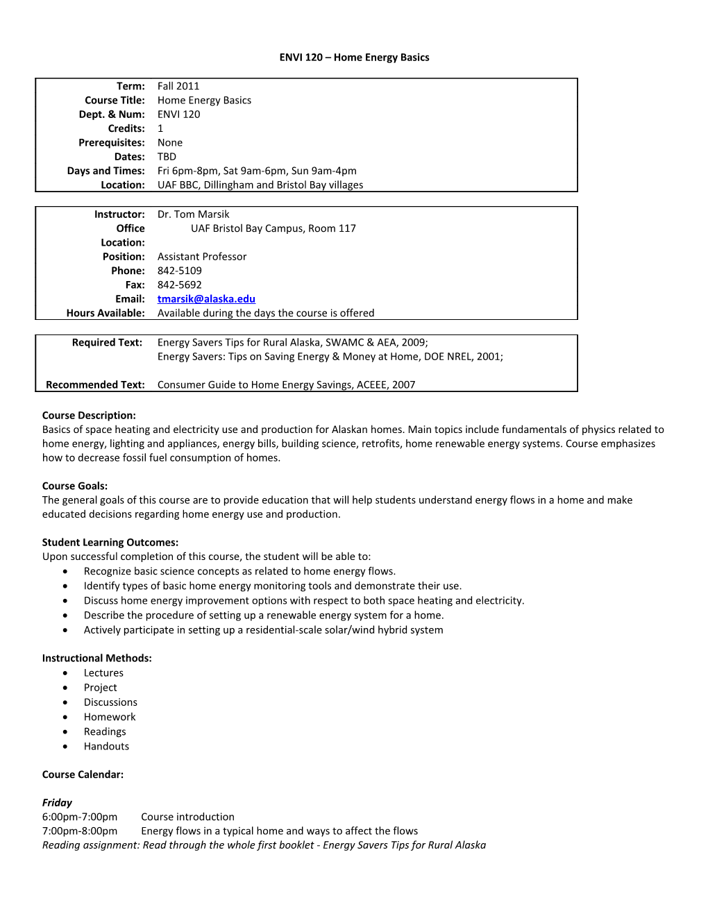 ENVI 120 Home Energy Basics