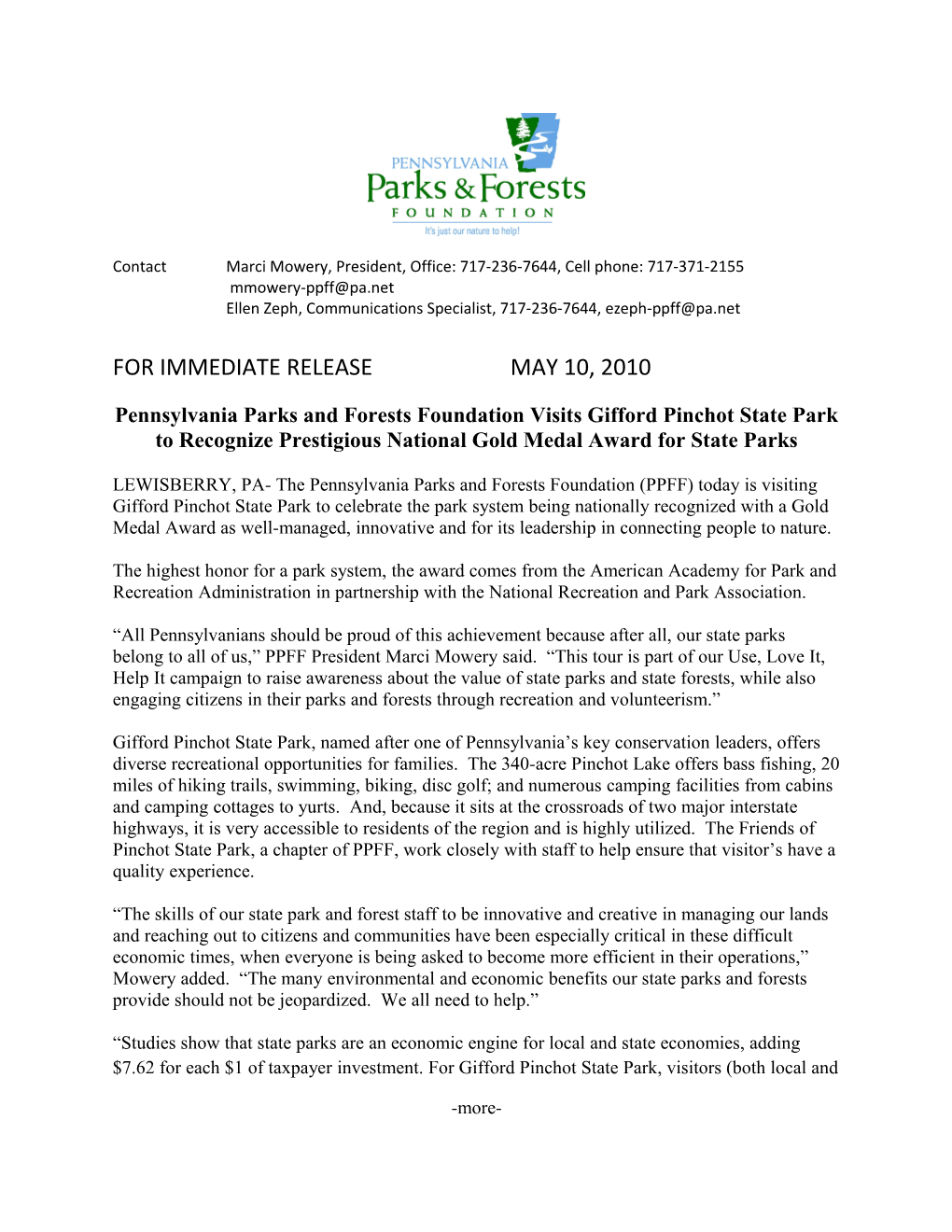 For Immediate Release May 10, 2010