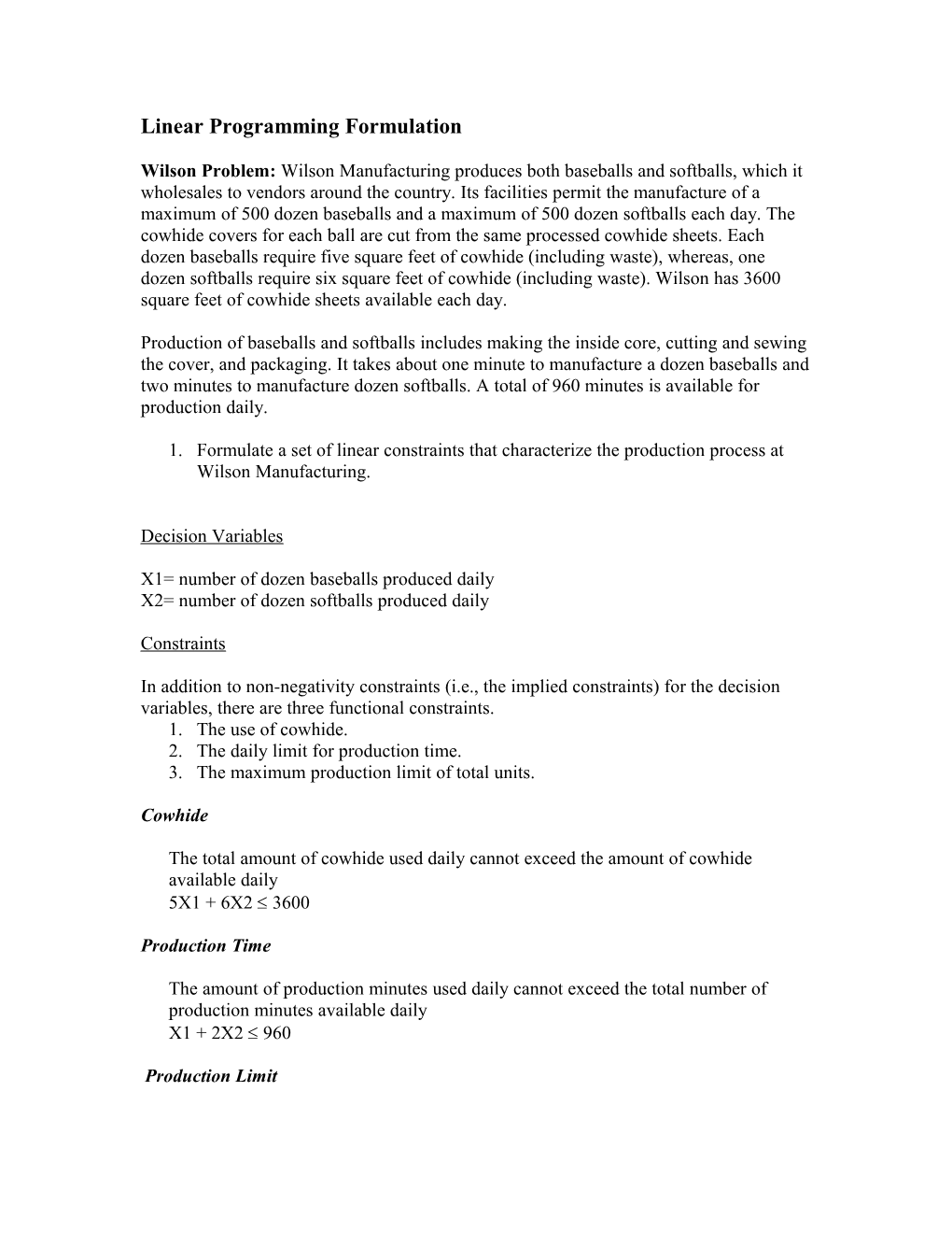 Linear Programming Formulation