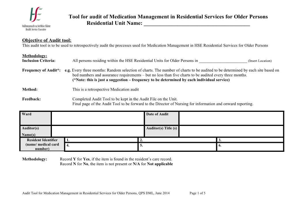 Audit Tool for Medication Management in Residential Care Units 2013