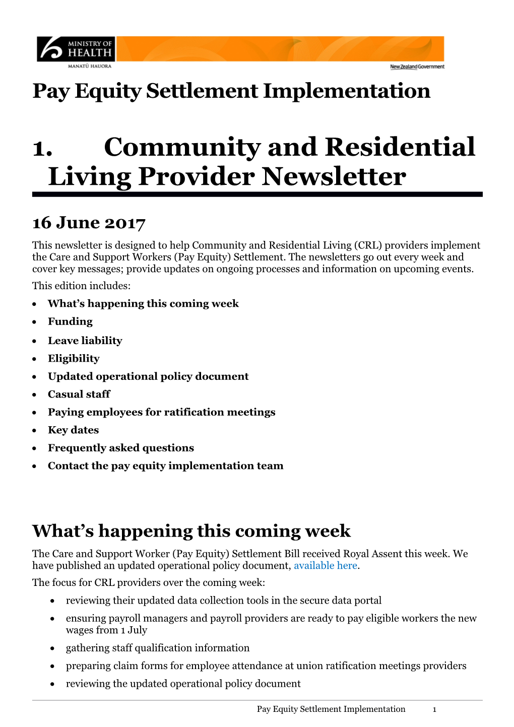 Community and Residential Living Provider Newsletter: 26 May 2017