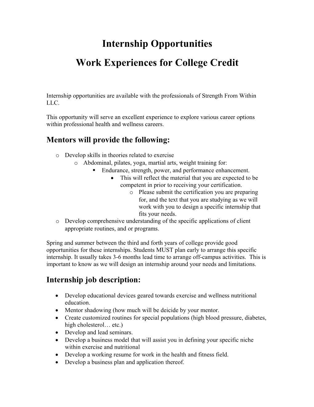 Internship Opportunities/ Work Experiences for College Credit