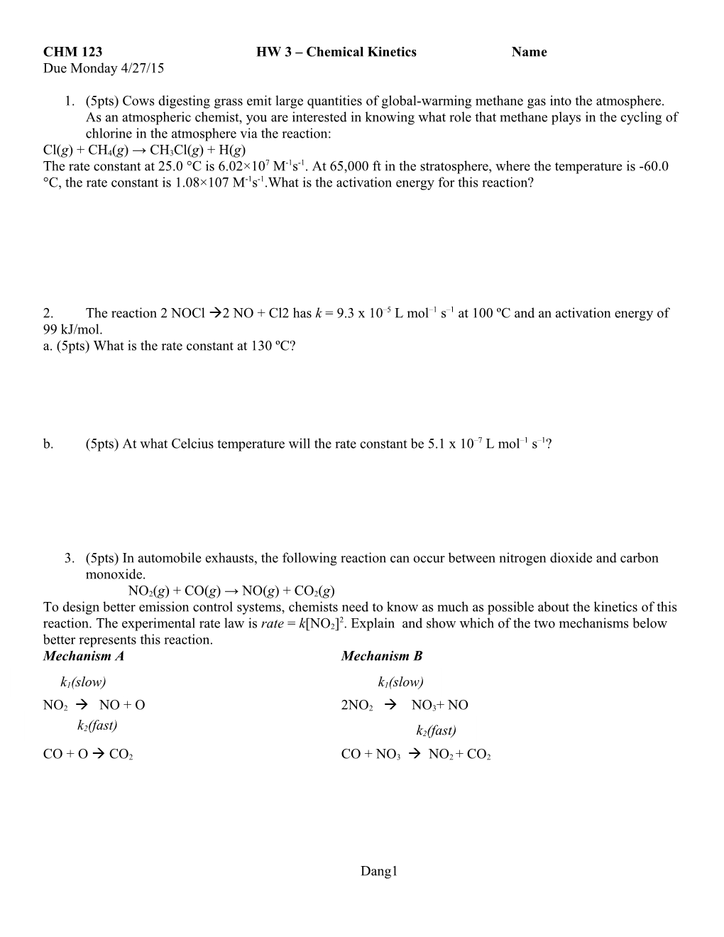 CHM 123HW 3 Chemical Kineticsname