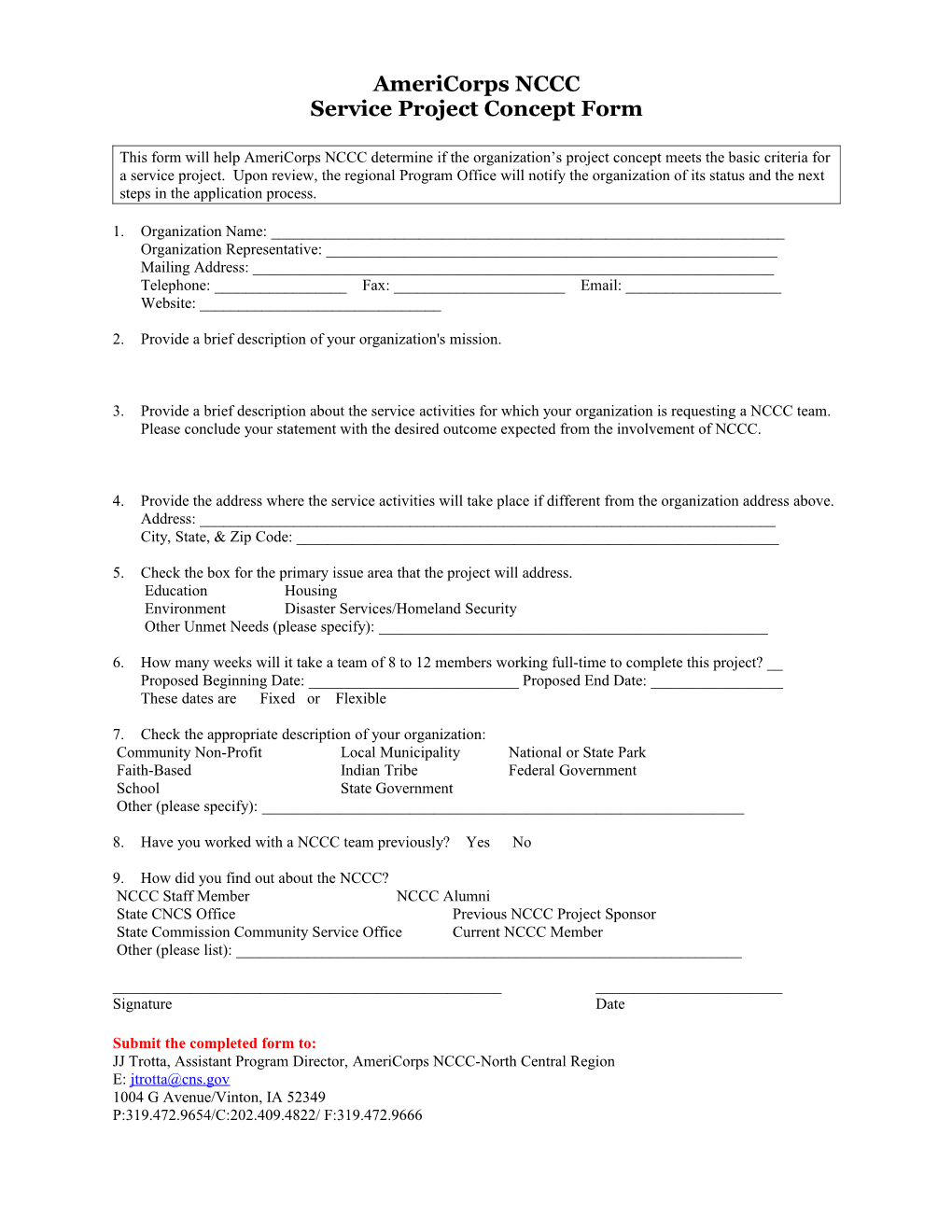 Americorps NCCC Service Project Concept Form