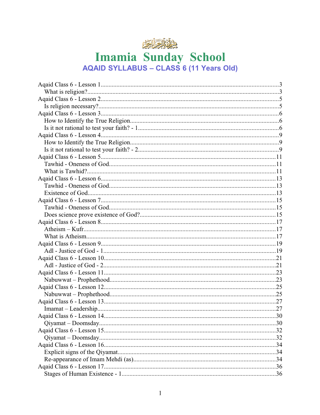 AQAID SYLLABUS CLASS 6 (11 Years Old)