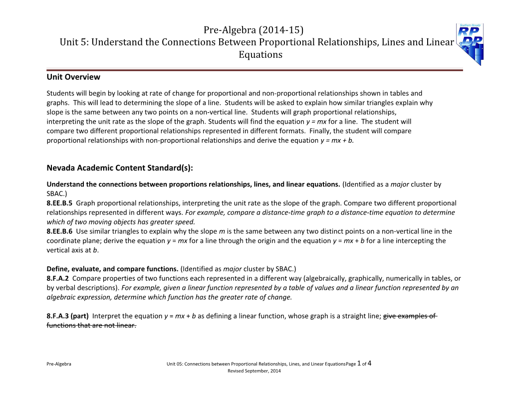 Unit 5: Understand the Connections Between Proportional Relationships, Lines and Linear