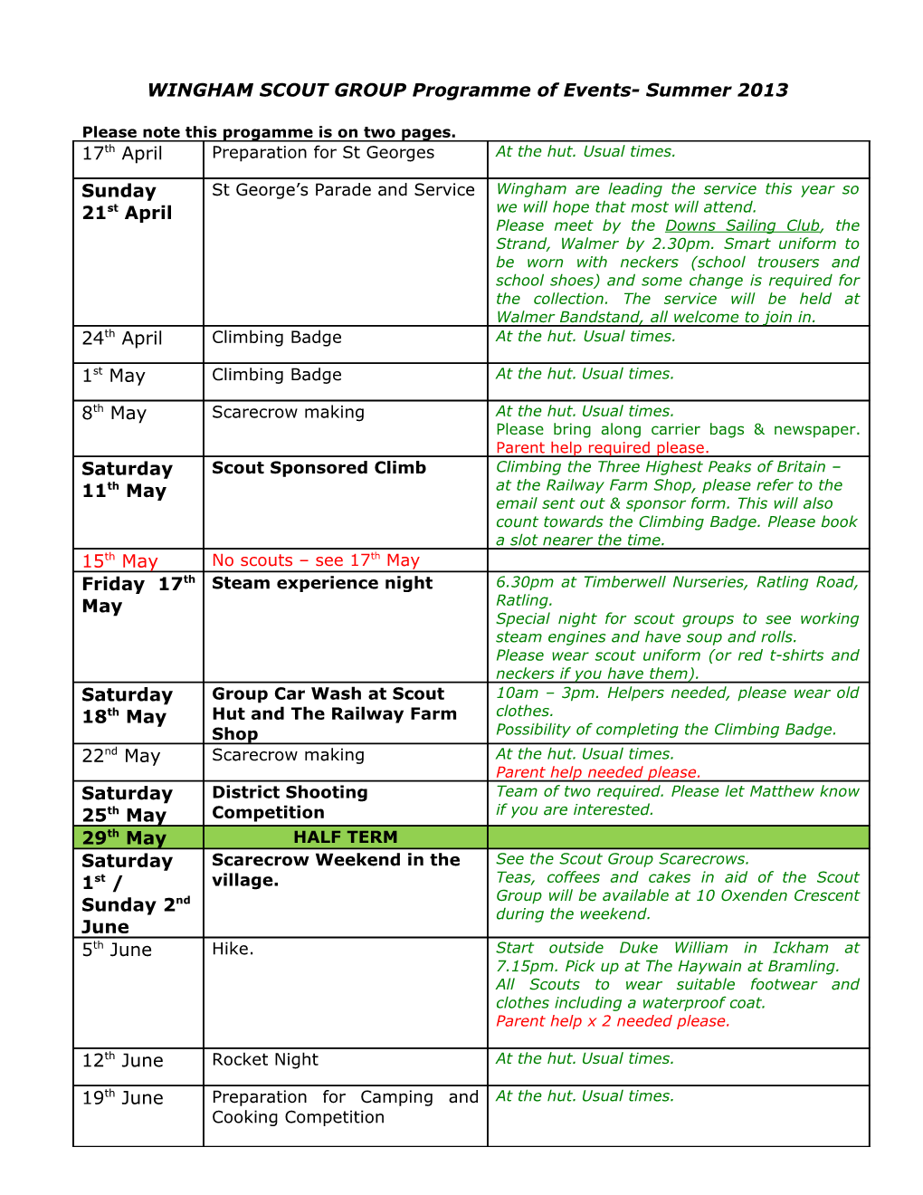 WINGHAM SCOUT GROUP Programme of Events- Summer 2013