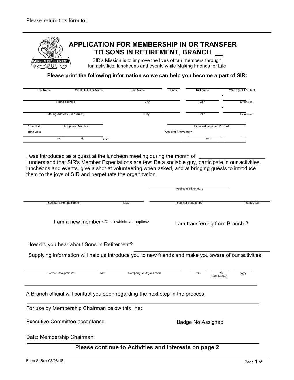 Application for Membership Or Transfer