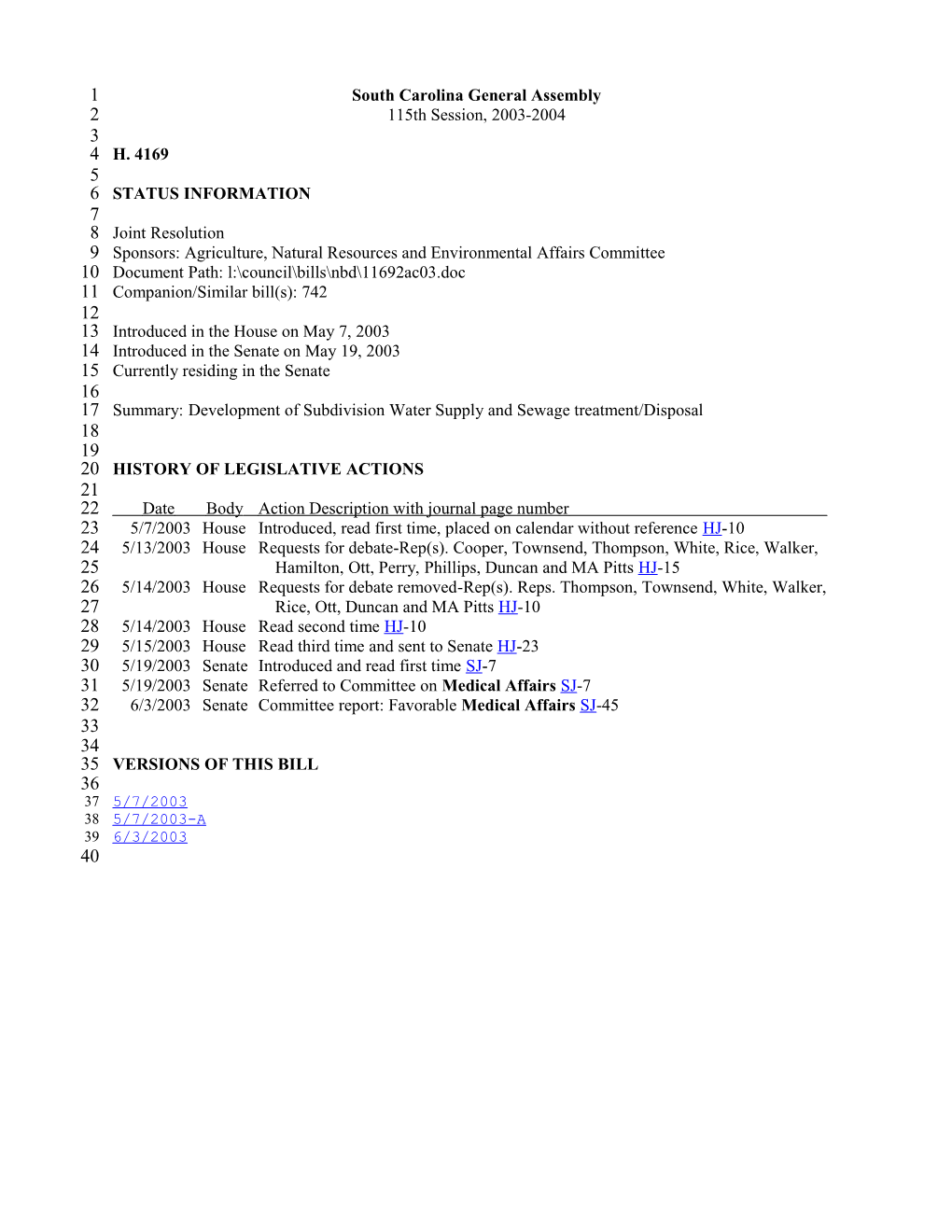 2003-2004 Bill 4169: Development of Subdivision Water Supply and Sewage Treatment/Disposal