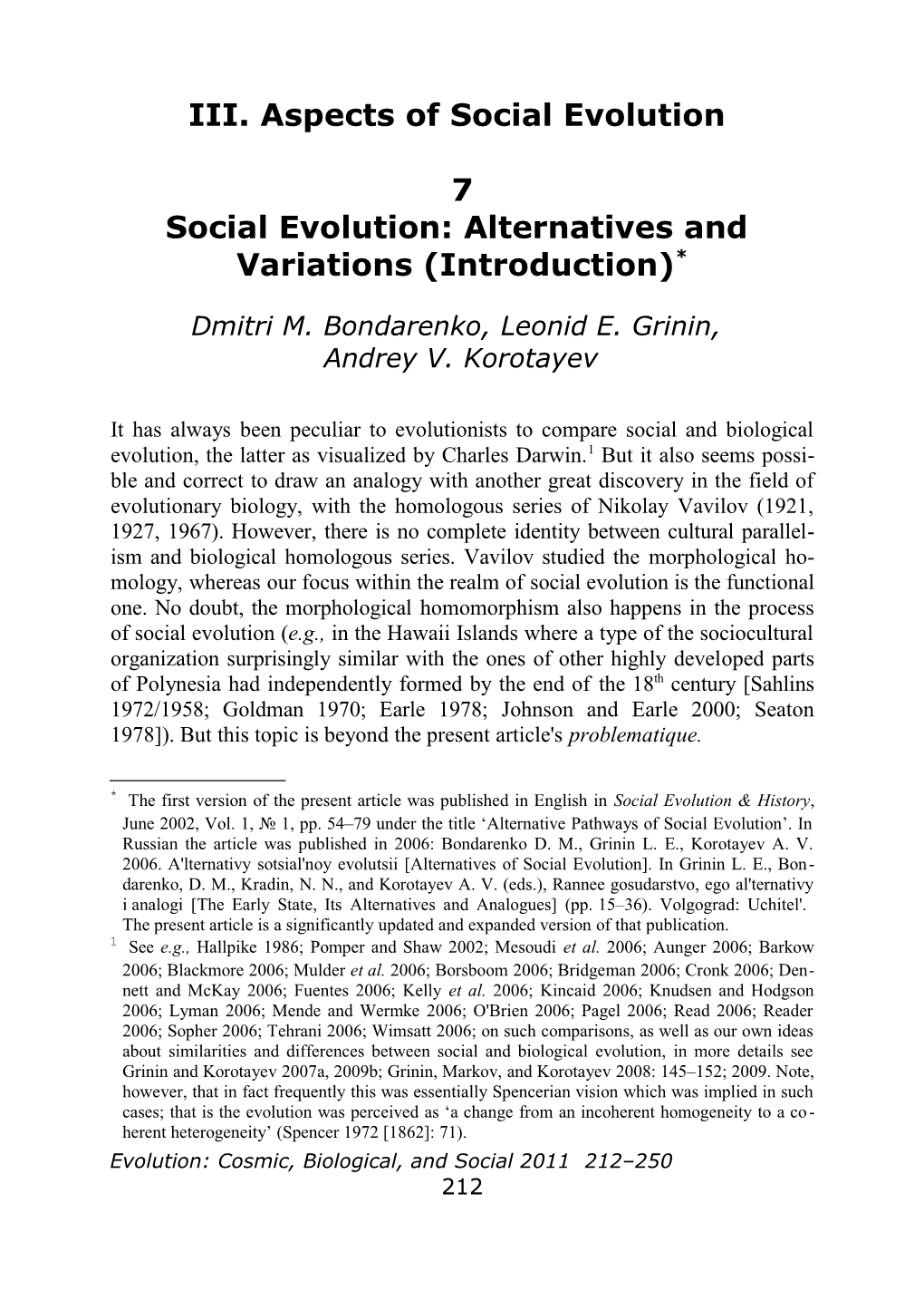 III. Aspects of Social Evolution