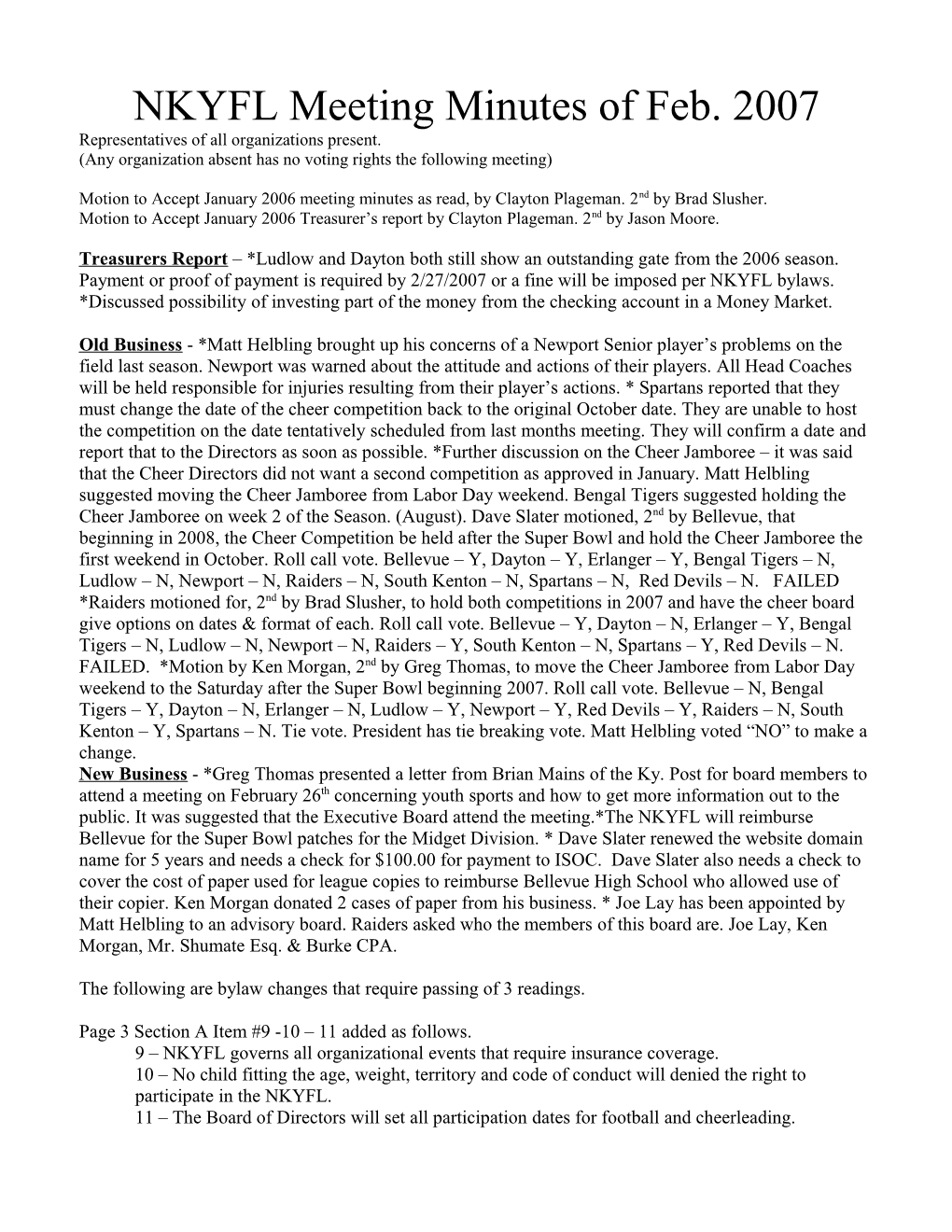 NKYFL Meeting Minutes of December 2005
