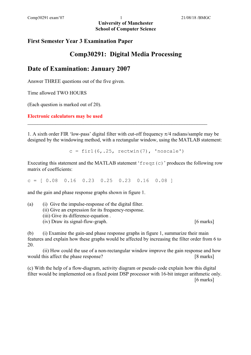 First Semester Year 3 Examination Paper