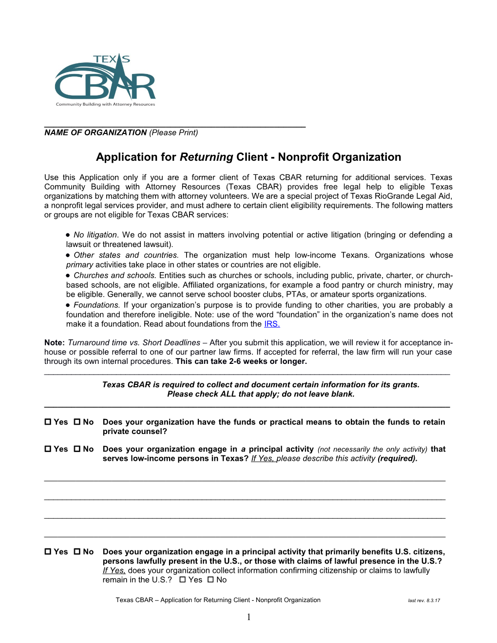 Application for Returning Client - Nonprofit Organization